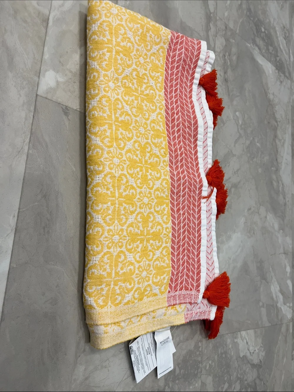 Turkish Towel Peshtemal Throw Yellow Cotton jacquard with Pink Trim & Red Tassel